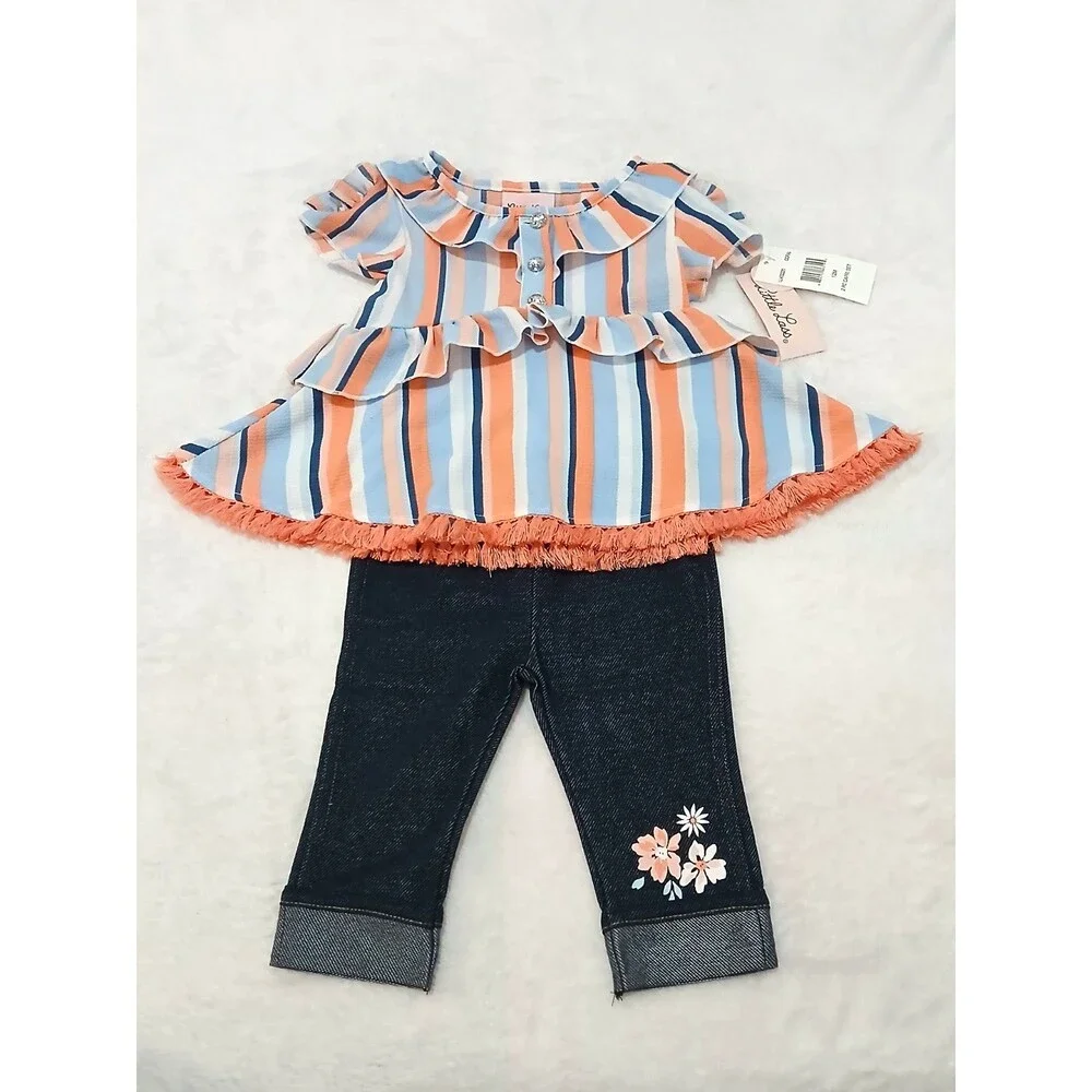 LITTLE LASS Baby Girl 2pc Cold Shoulder/Frilled Hem Blouse & Pants Set (12M) NEW - Picture 6 of 6